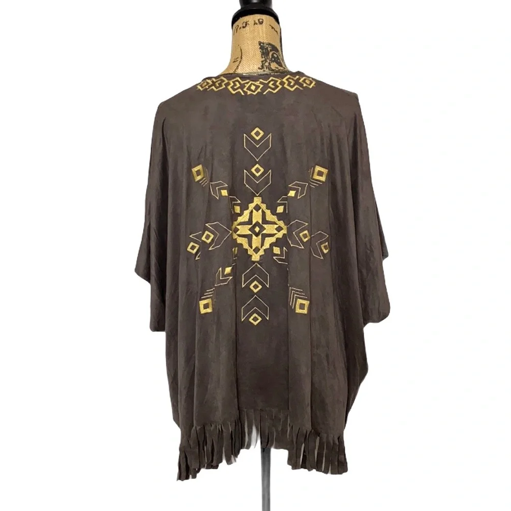 Brown Tassel Embroidery Open Front Boho Coverup M